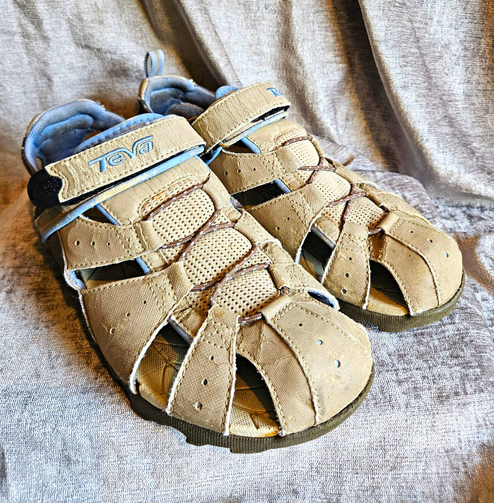 Teva Fisherman Sandals Leather Hook & Loop Beige/Gray/Blue US 8 EU 39
